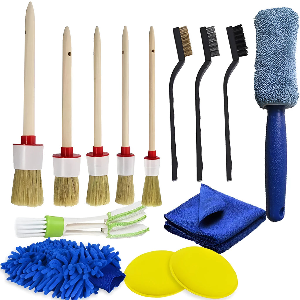 14-piece tire brush car sponge brush set with wooden handles and PP bristles on a white background