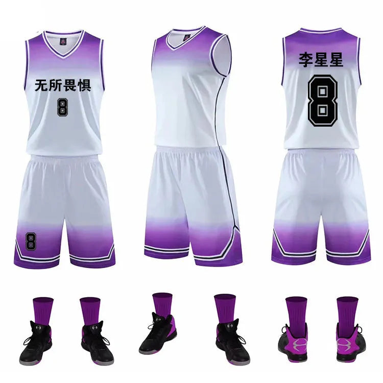 Gradient polyester basketball jersey top in purple and white for children and adults