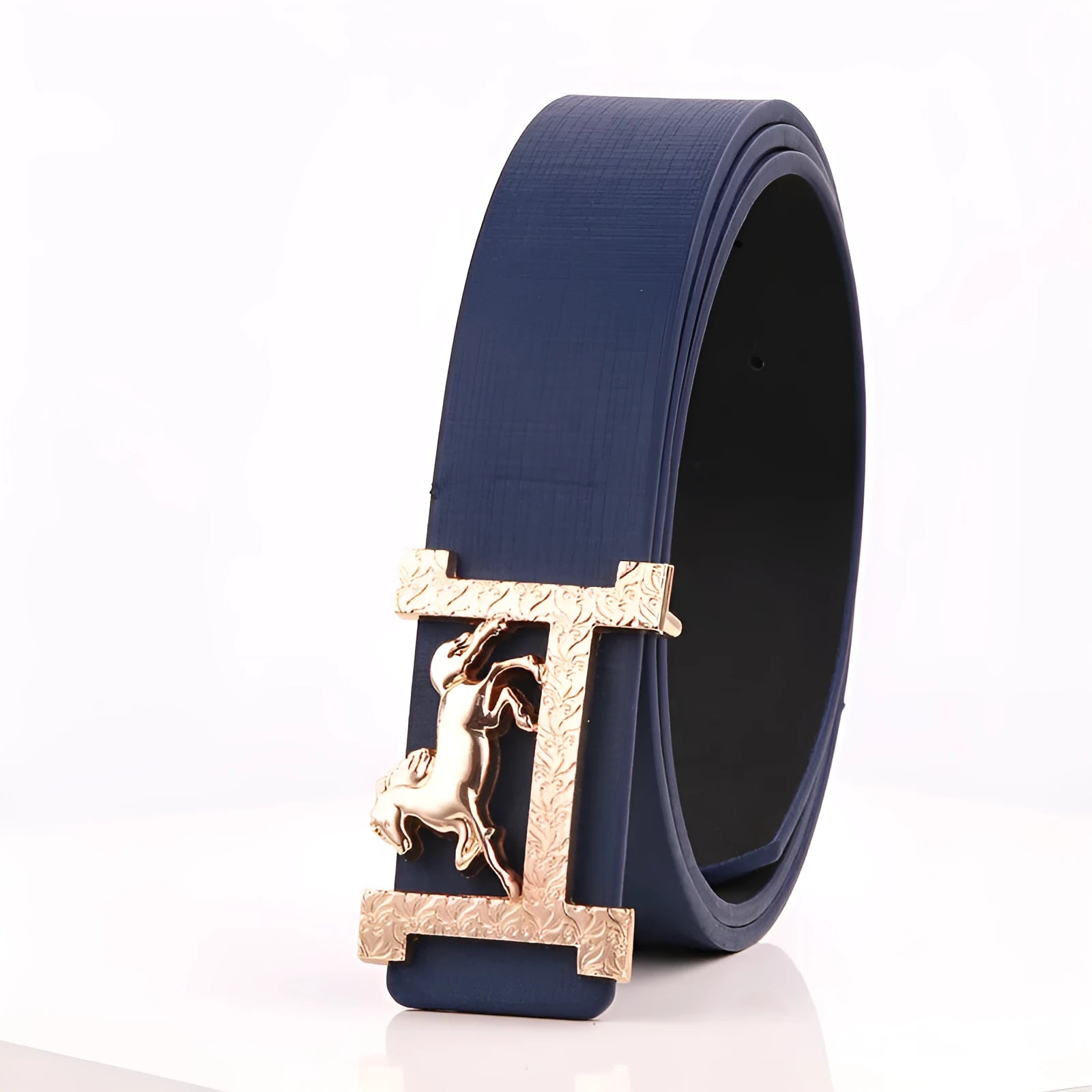 Real leather belt with gold horse buckle in 3.3cm width, black colour option