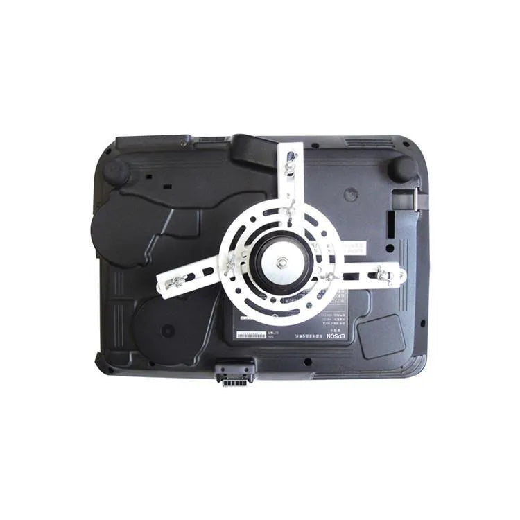 Electric projector ceiling lifting hanger with ultra-thin chassis and wireless remote control on a white background.