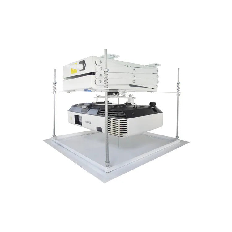 Electric projector ceiling lifting hanger with ultra-thin chassis and wireless remote control on a white background.