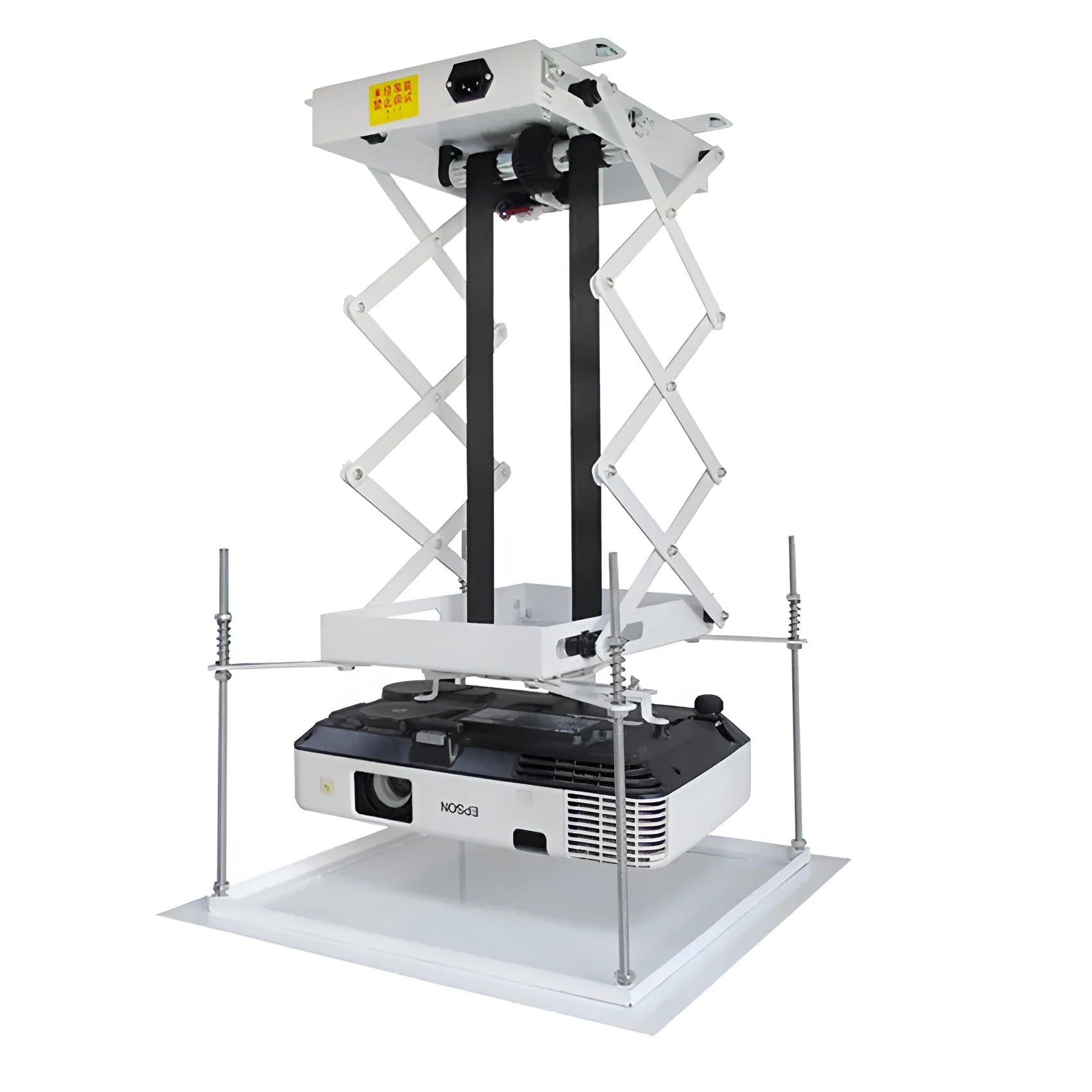 Electric projector ceiling lifting hanger with ultra-thin chassis and wireless remote control on a white background.