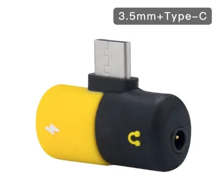 Blue and yellow Huawei 2-in-1 charging audio adapter with 3.5mm jack measuring 30x12mm