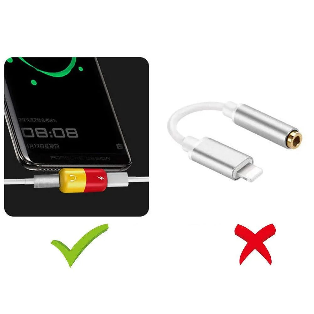 Blue and yellow Huawei 2-in-1 charging audio adapter with 3.5mm jack measuring 30x12mm