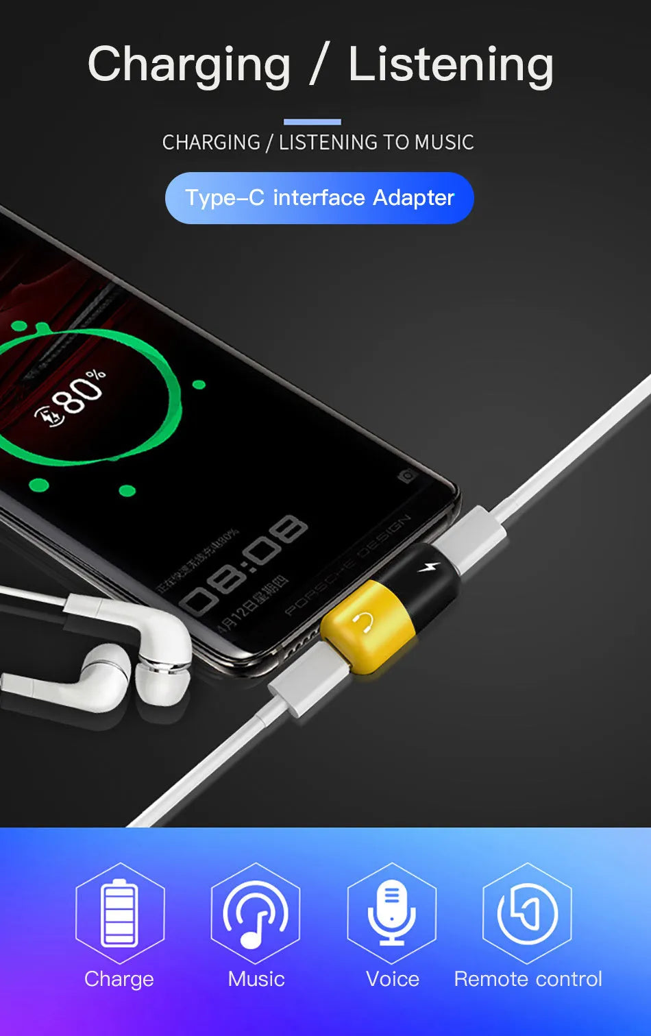 Blue and yellow Huawei 2-in-1 charging audio adapter with 3.5mm jack measuring 30x12mm