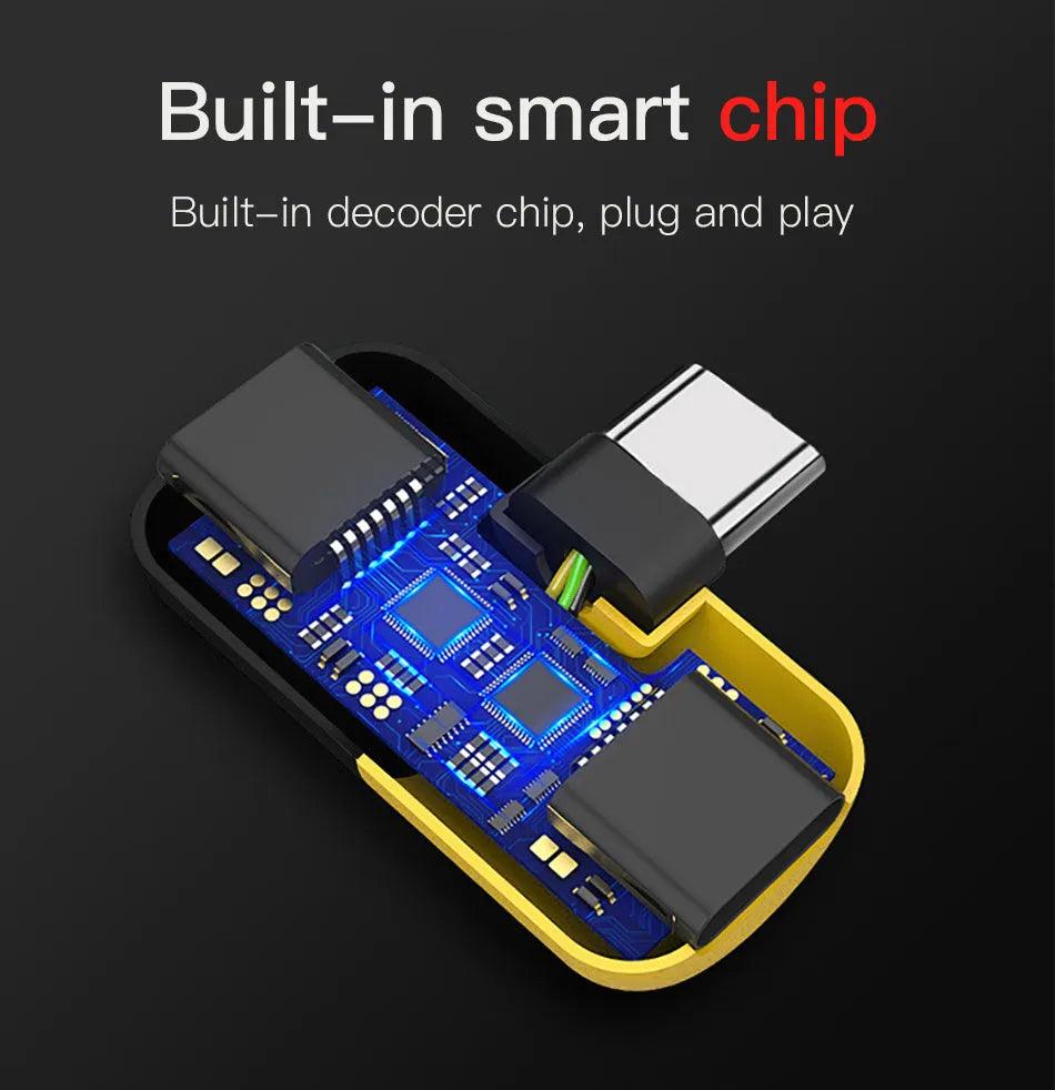 Blue and yellow Huawei 2-in-1 charging audio adapter with 3.5mm jack measuring 30x12mm