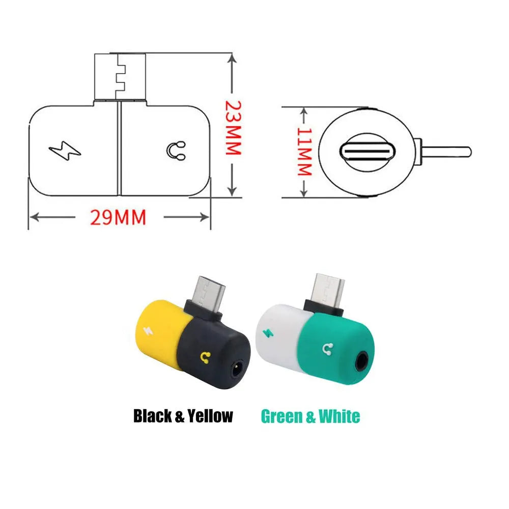 Blue and yellow Huawei 2-in-1 charging audio adapter with 3.5mm jack measuring 30x12mm