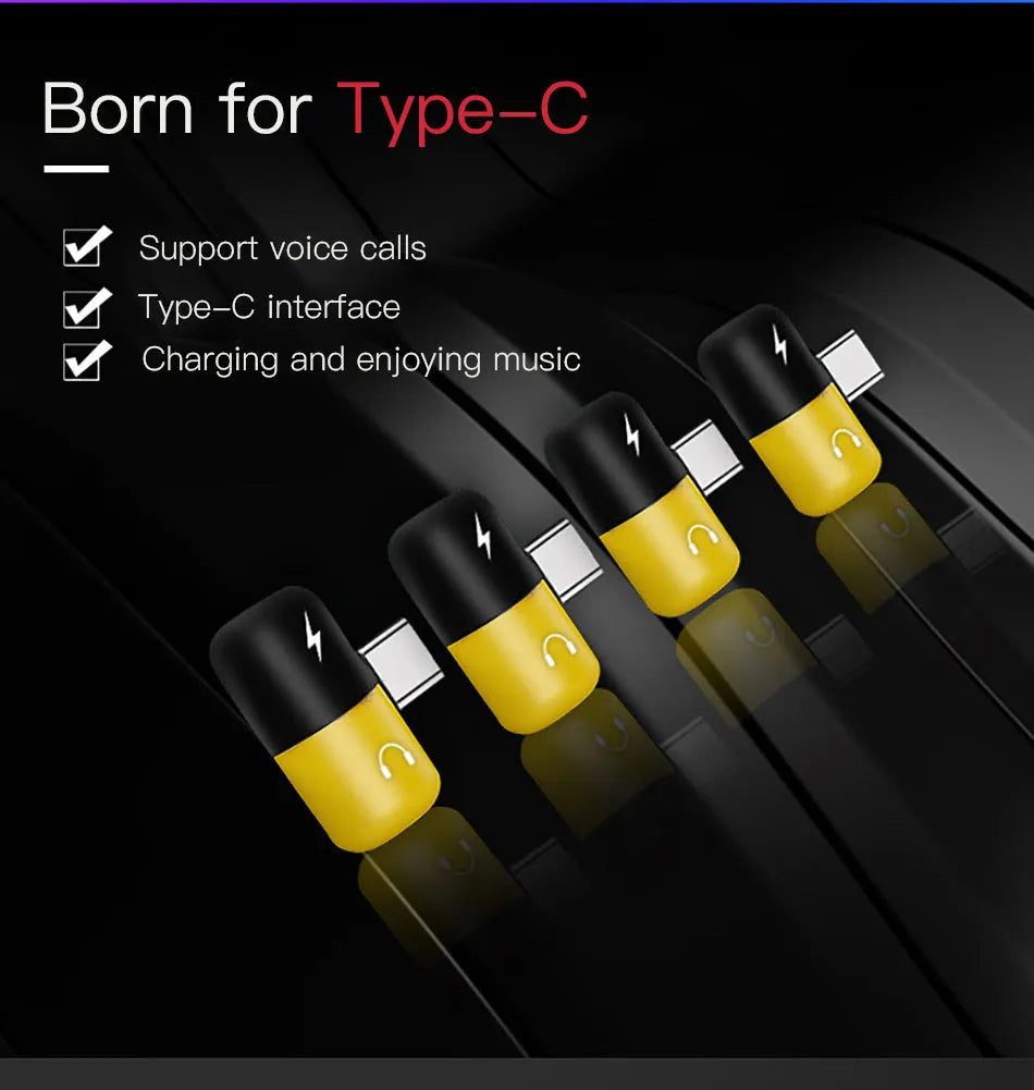 Blue and yellow Huawei 2-in-1 charging audio adapter with 3.5mm jack measuring 30x12mm