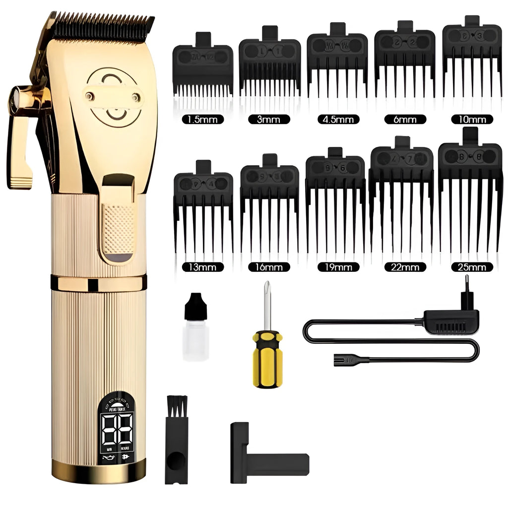 Gold coloured cordless barber hair clipper with charging port and cutting blades