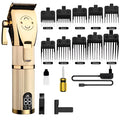 Gold coloured cordless barber hair clipper with charging port and cutting blades