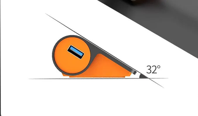 Dark grey aluminium USB-C hub with orange accents showing four USB 3.1 ports and separate data cable