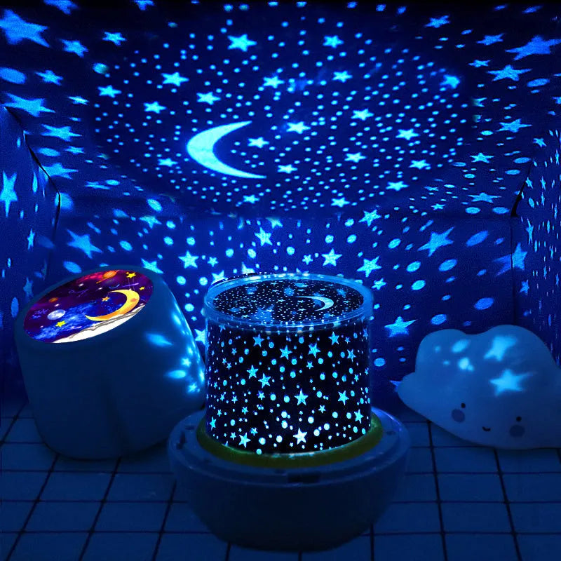 Pruixin LED projector night light projecting rotating star patterns on bedroom wall