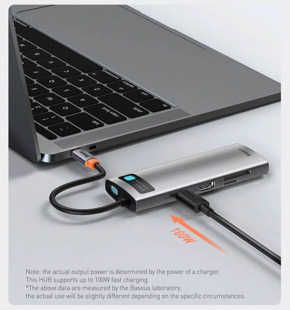 Baseus Metal Shimmer Series 5-in-1 USB-C hub in Space Gray with HDMI and USB ports on a desk