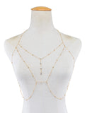 Rhinestone tassel body bra chain in gold with adjustable alloy snake bone chain on woman torso
