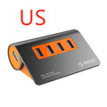 Dark grey aluminium USB-C hub with orange accents showing four USB 3.1 ports and separate data cable