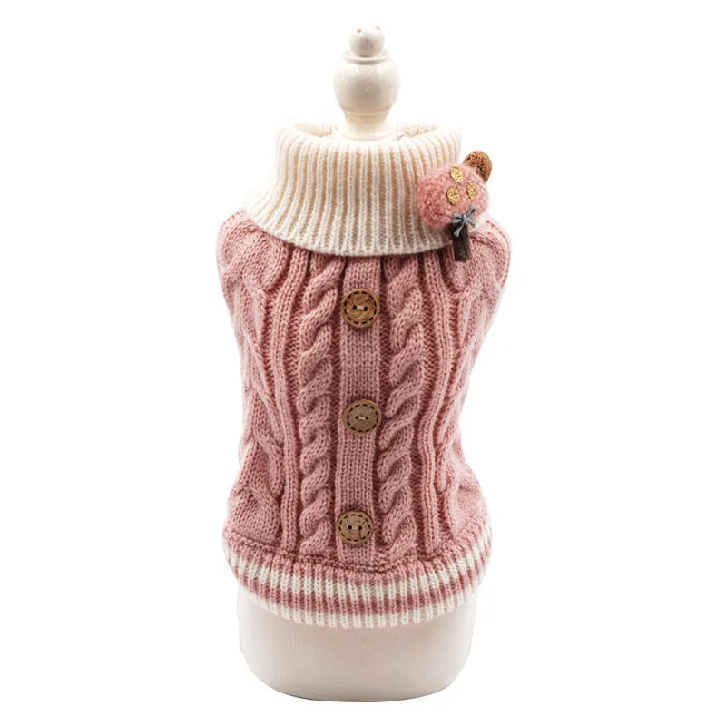 Classic knitted pet sweater for small dogs and cats in pink with twist button design