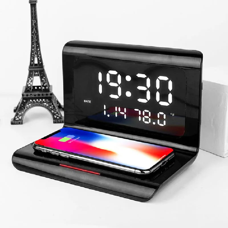 Wireless charger alarm clock with calendar display showing time, date, temperature and humidity