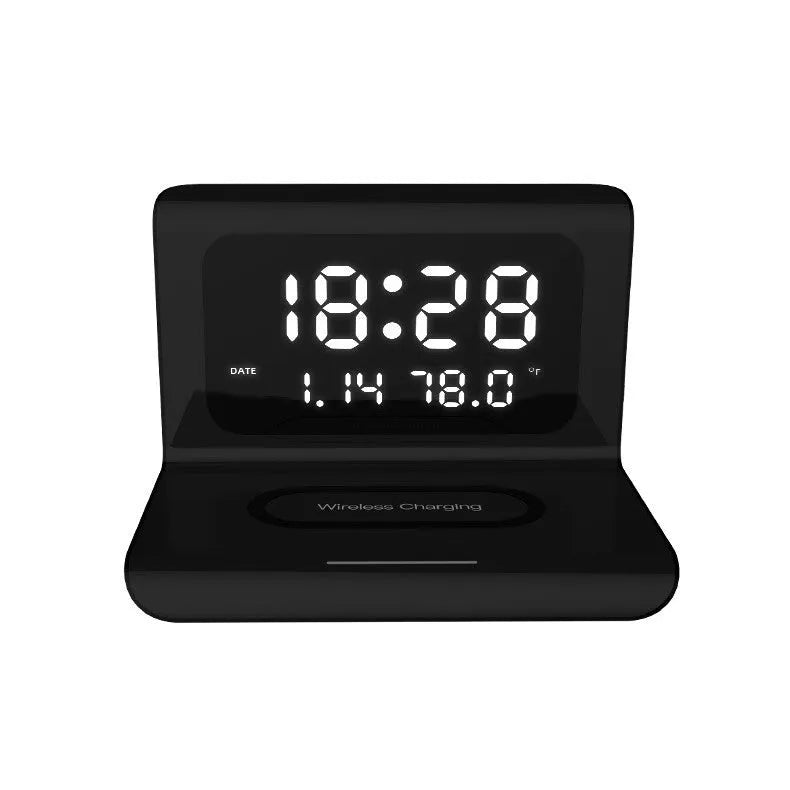Wireless charger alarm clock with calendar display showing time, date, temperature and humidity