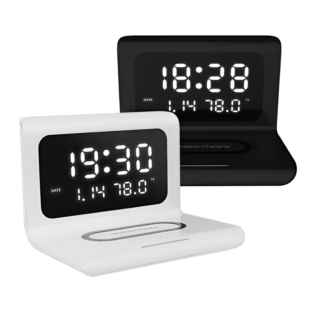 Wireless charger alarm clock with calendar display showing time, date, temperature and humidity