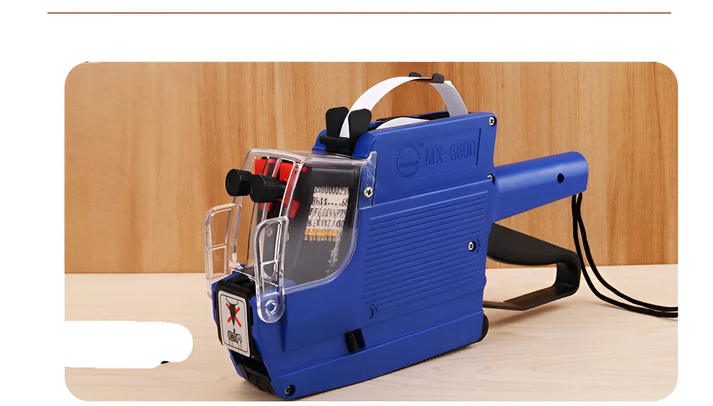 Manual price coding machine in blue, red, or yellow with paper rolls and ink roller.