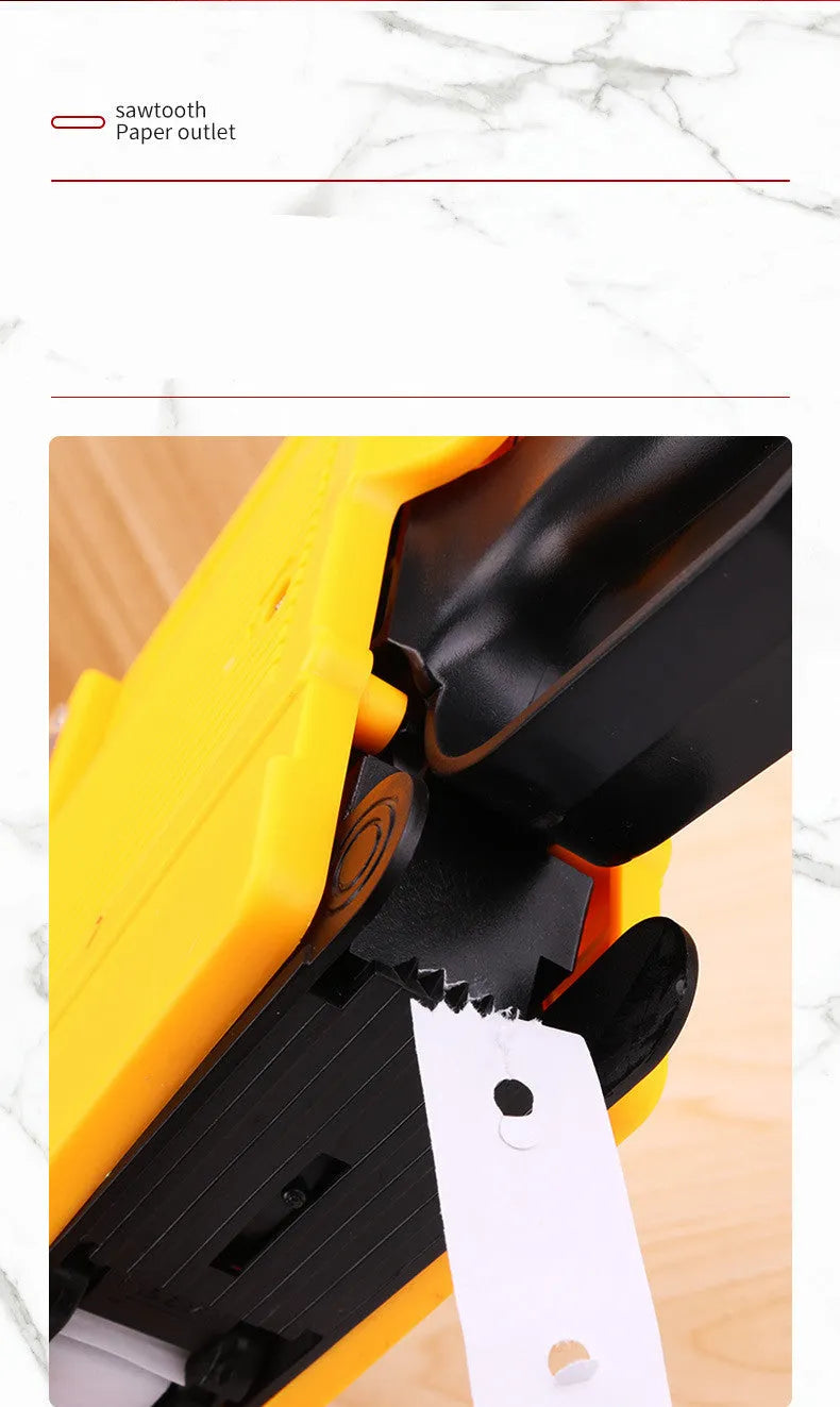 Manual price coding machine in blue, red, or yellow with paper rolls and ink roller.