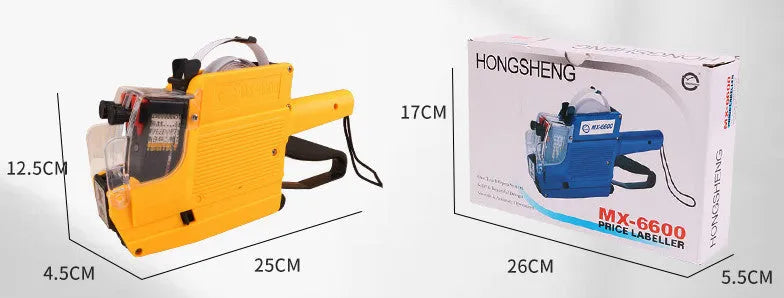 Manual price coding machine in blue, red, or yellow with paper rolls and ink roller.