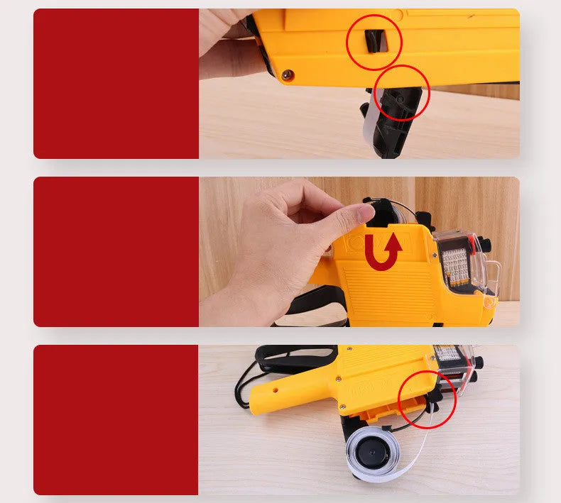 Manual price coding machine in blue, red, or yellow with paper rolls and ink roller.