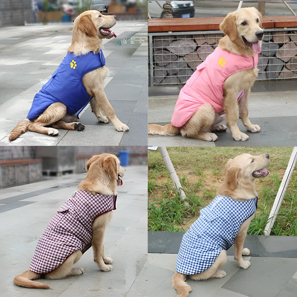 Waterproof dog vest jacket in blue for small to large dogs with reversible two-side design