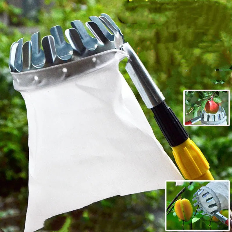 Steel fruit picker tool with attached cloth catcher basket for garden harvesting