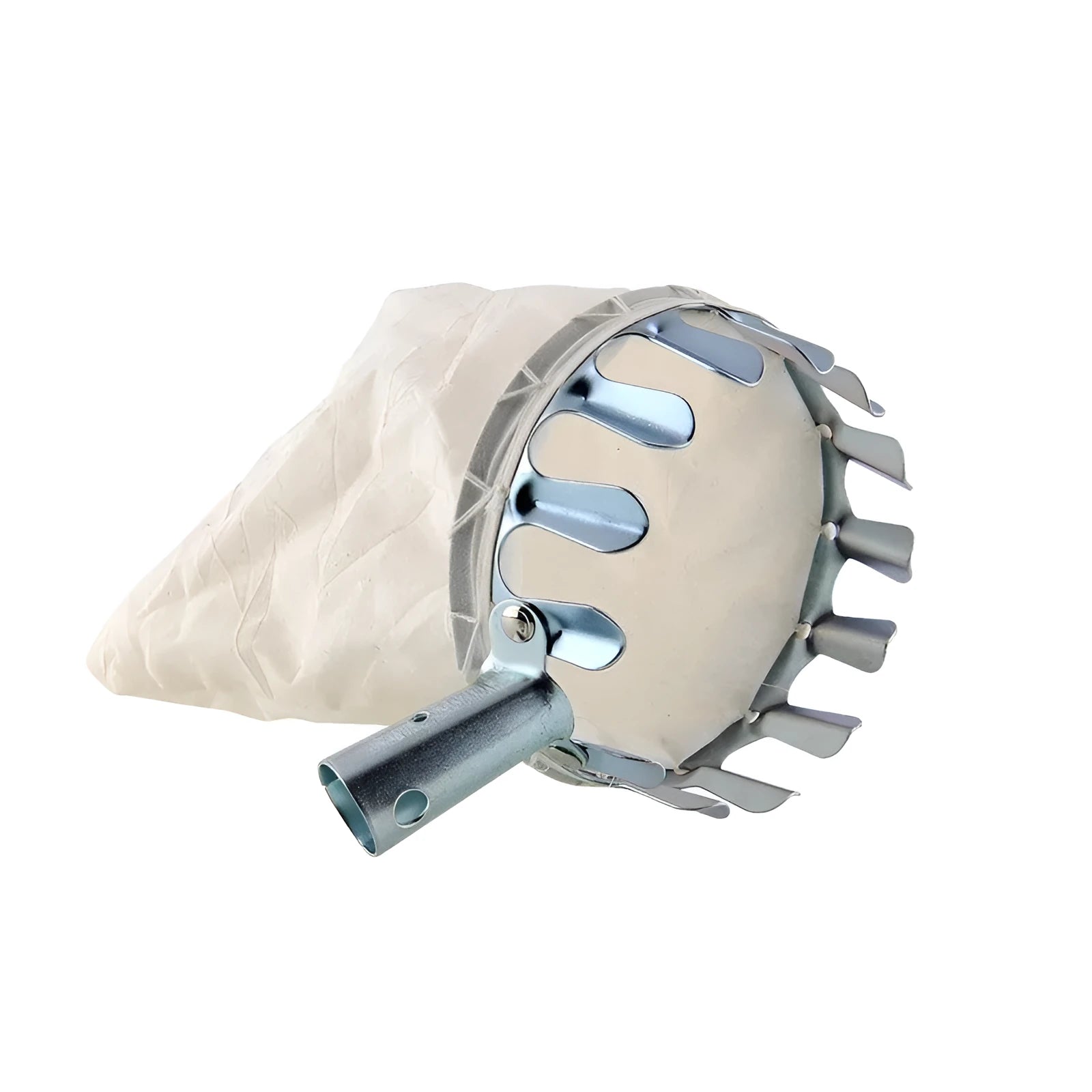 Steel fruit picker tool with attached cloth catcher basket for garden harvesting