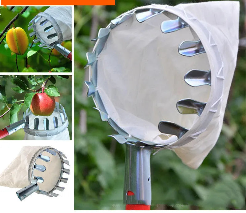 Steel fruit picker tool with attached cloth catcher basket for garden harvesting