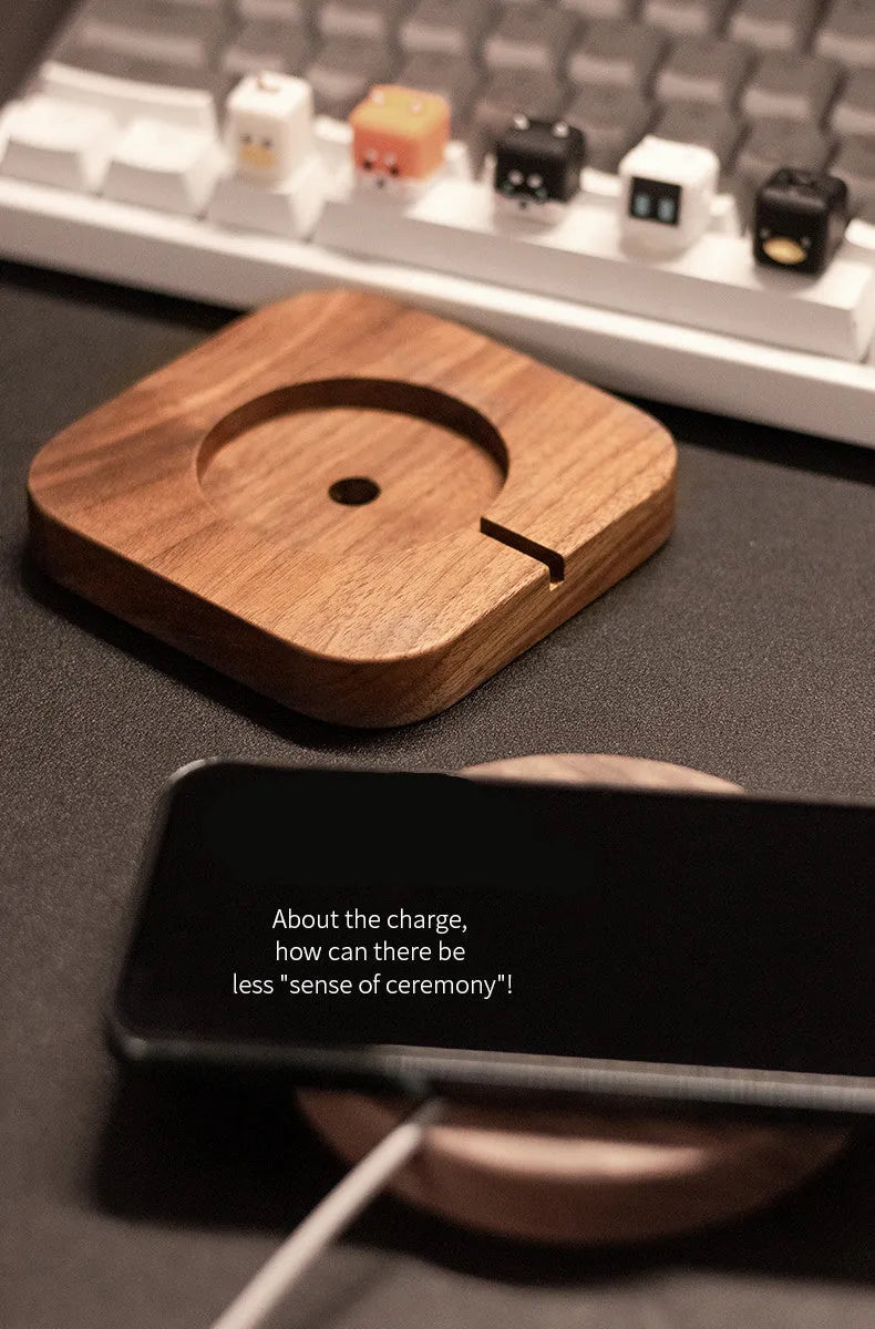 Walnut wood magnetic wireless charger base with iPhone on Magsafe charging pad