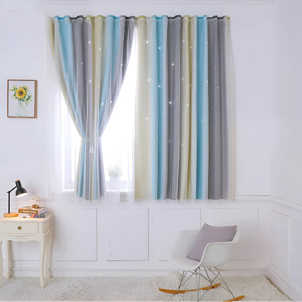 Rainbow gradient blackout curtain with star cut-outs for girls bedroom, no drill installation, grey and yellow stripe