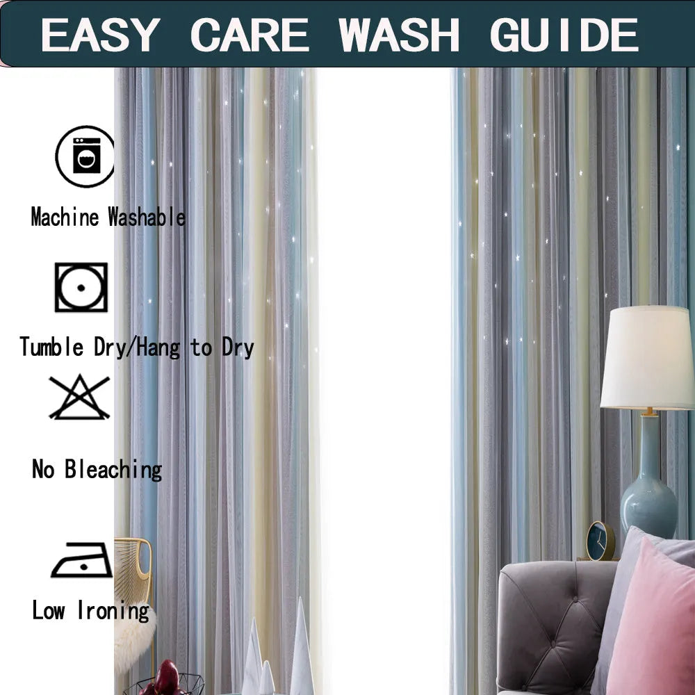 Rainbow gradient blackout curtain with star cut-outs for girls bedroom, no drill installation, grey and yellow stripe