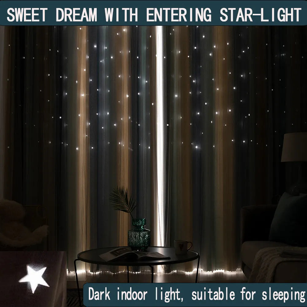 Rainbow gradient blackout curtain with star cut-outs for girls bedroom, no drill installation, grey and yellow stripe