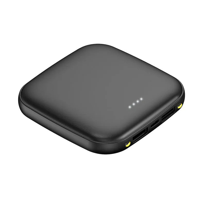 Compact black mini power bank with 20000 mAh capacity and LED flashlight on white background.