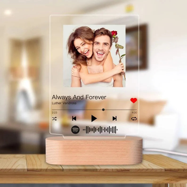Custom acrylic photo music album night light with carved song name and warm base, 22x15cm