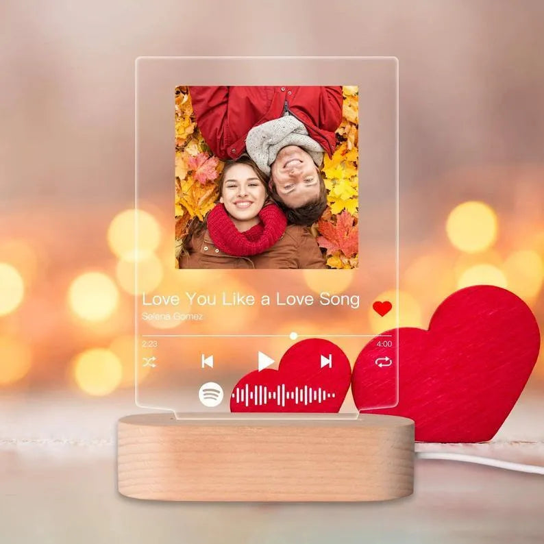 Custom acrylic photo music album night light with carved song name and warm base, 22x15cm