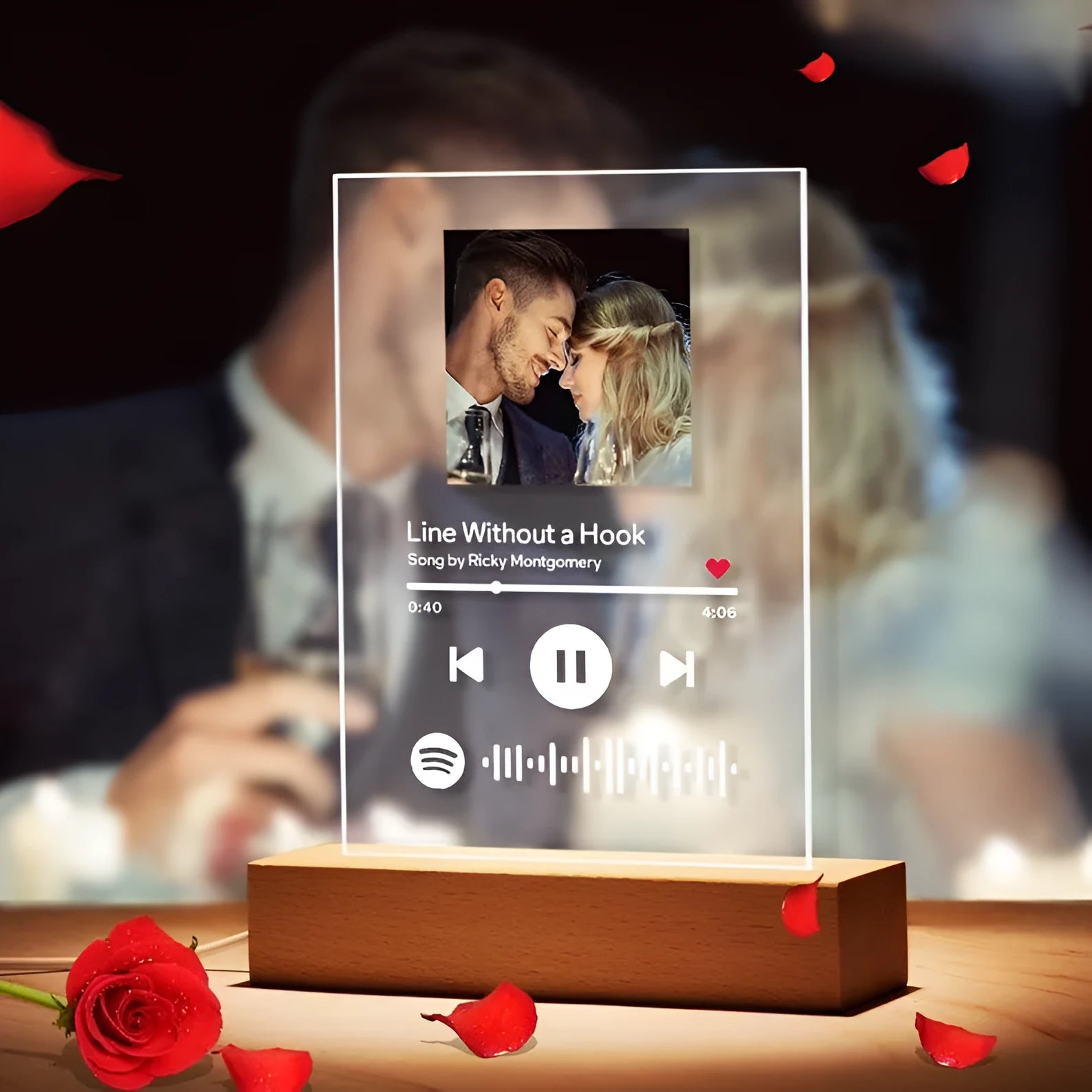 Custom acrylic photo music album night light with carved song name and warm base, 22x15cm