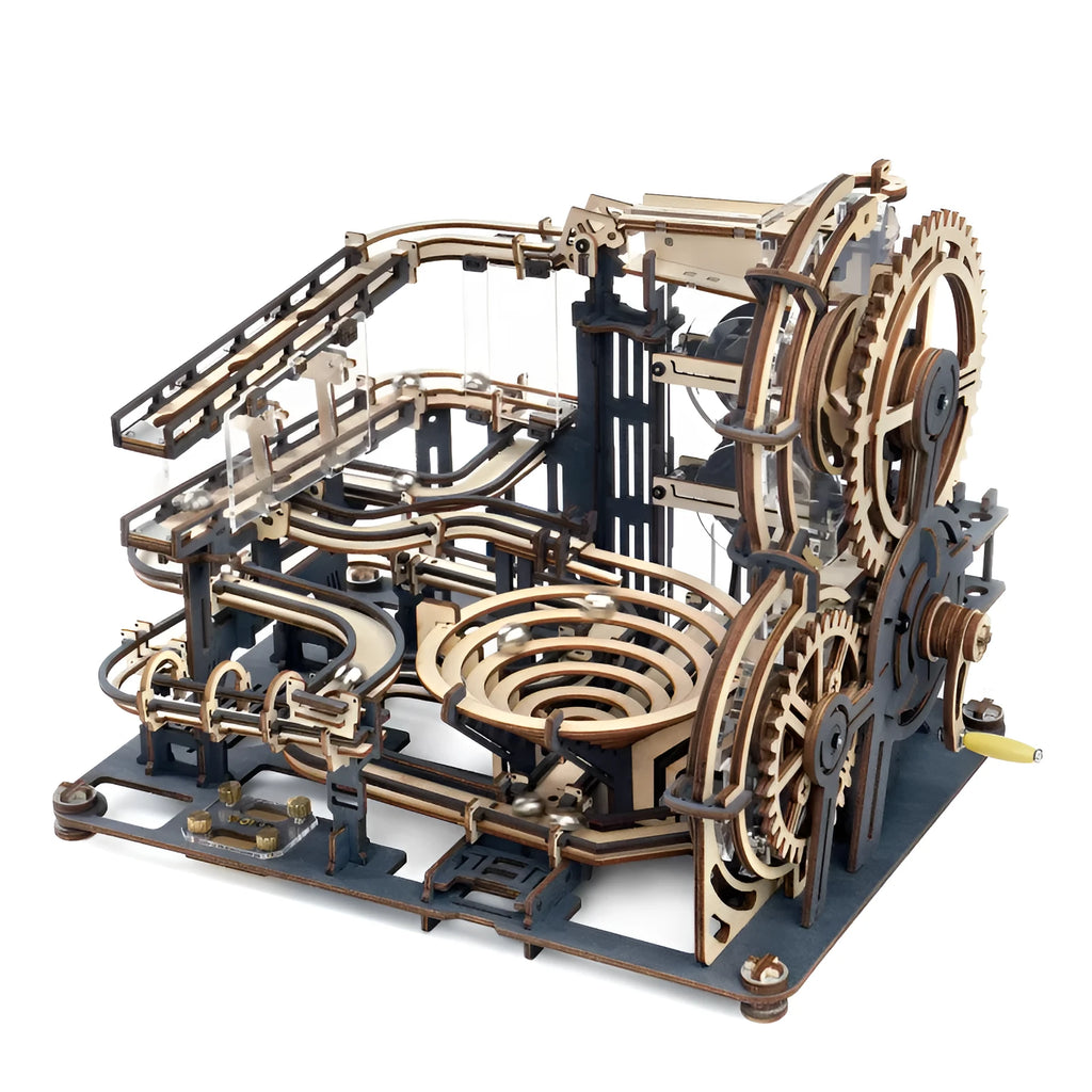 Robotime ROKR Marble Night City 3D wooden puzzle assembled model on a desk, colour box packaging, wooden construction, static design