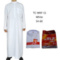Men's Islamic robe in beige woven polyester with button decoration, full-length front view