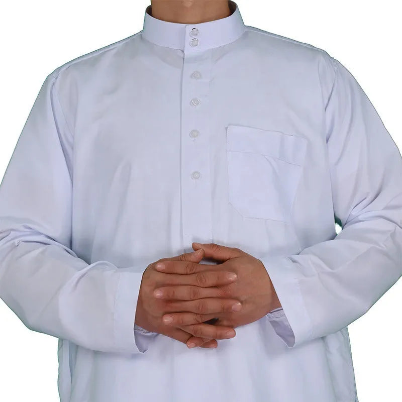 Men's Islamic robe in beige woven polyester with button decoration, full-length front view