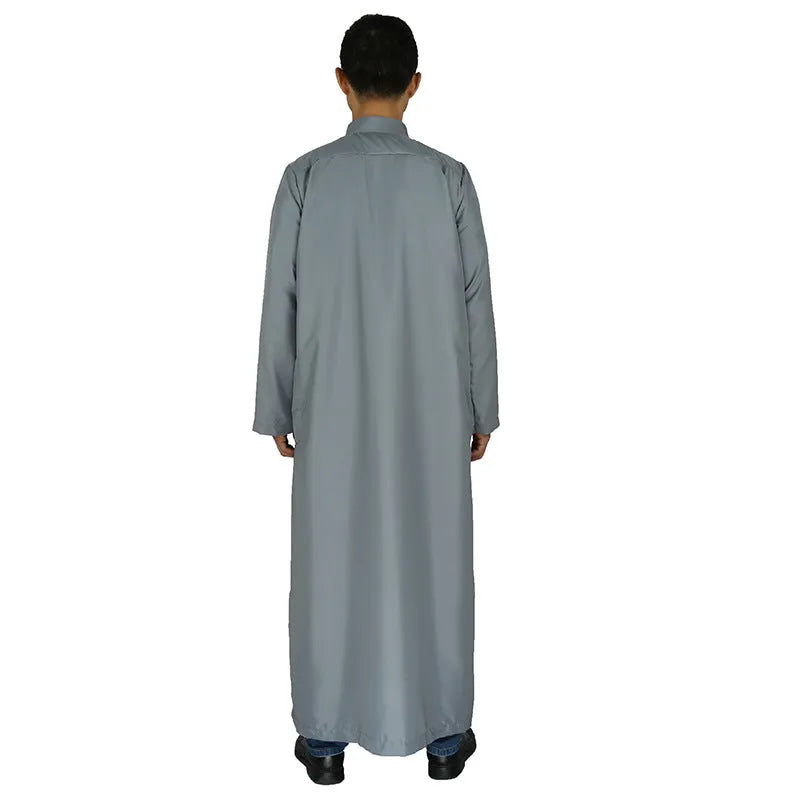 Men's Islamic robe in beige woven polyester with button decoration, full-length front view