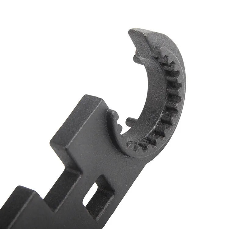 Black steel combination wrench for AR15 and M4 firearm maintenance with dual-purpose shape