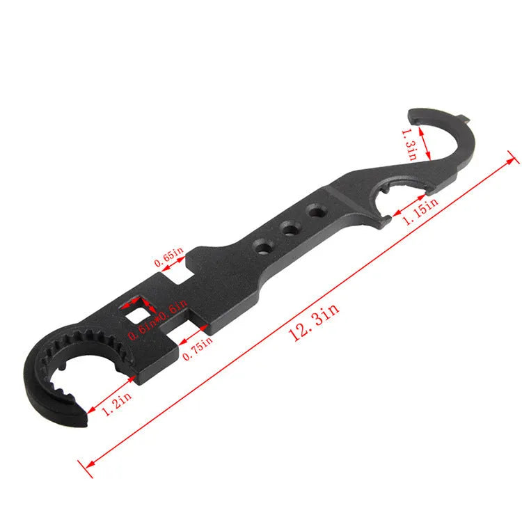 Black steel combination wrench for AR15 and M4 firearm maintenance with dual-purpose shape