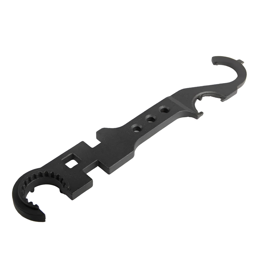 Black steel combination wrench for AR15 and M4 firearm maintenance with dual-purpose shape