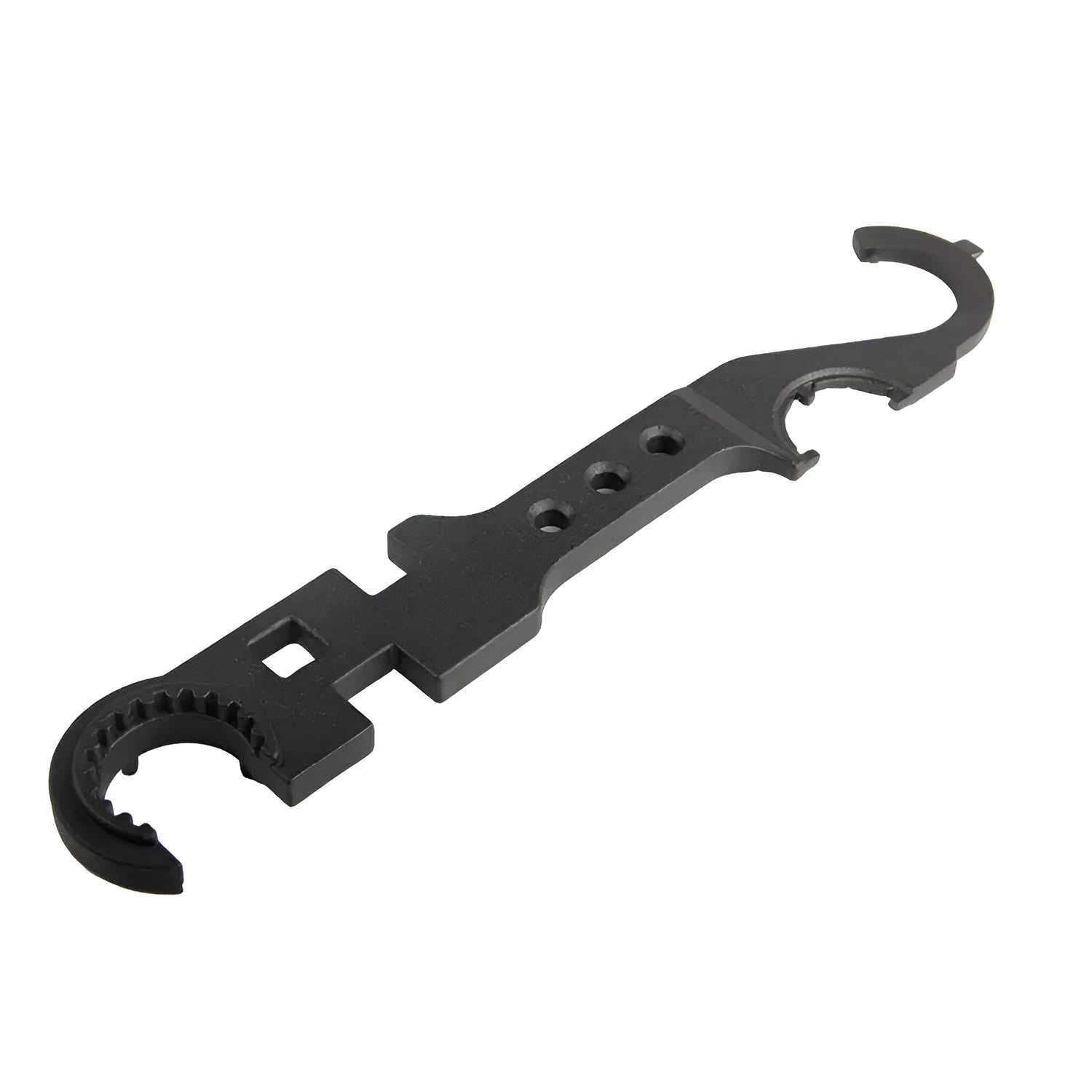 Black steel combination wrench for AR15 and M4 firearm maintenance with dual-purpose shape