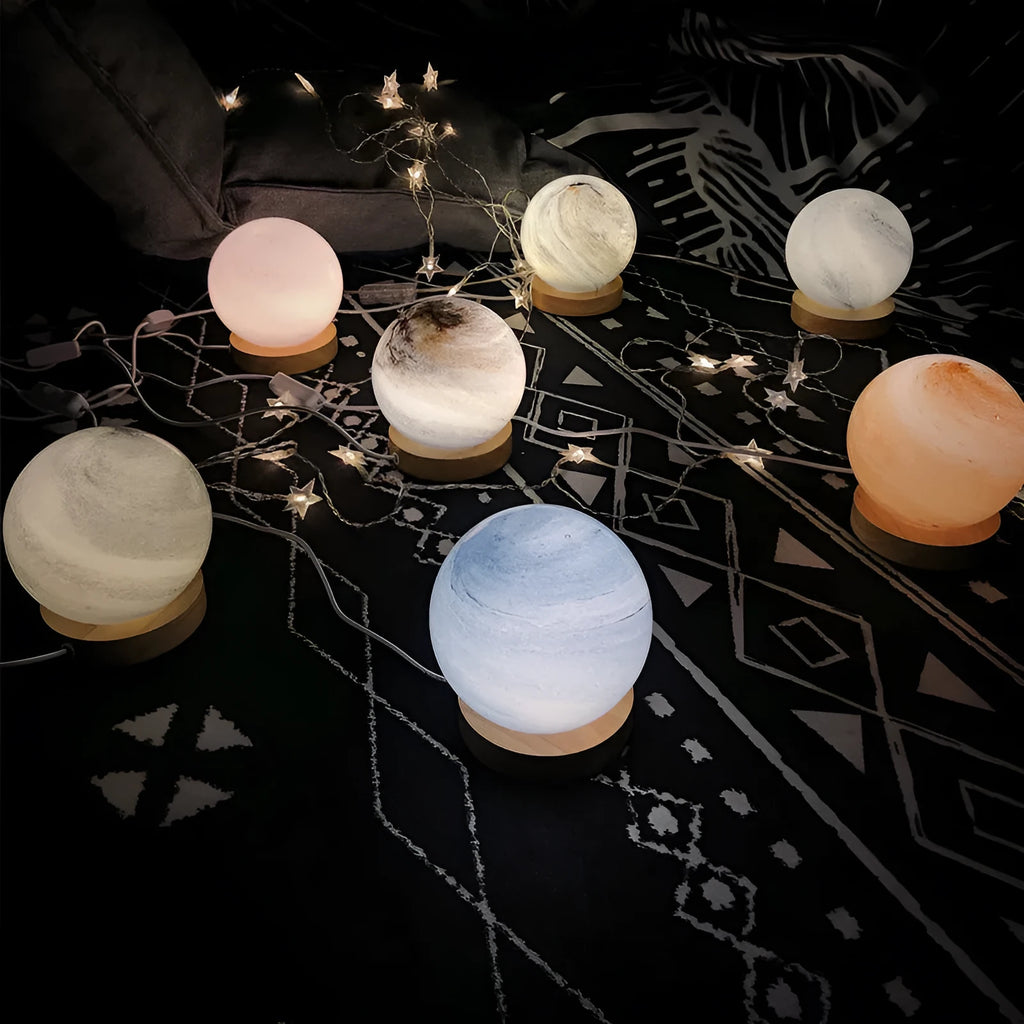 Nordic style bedside table lamp with glass shade in choice of seven colours, powered by USB.