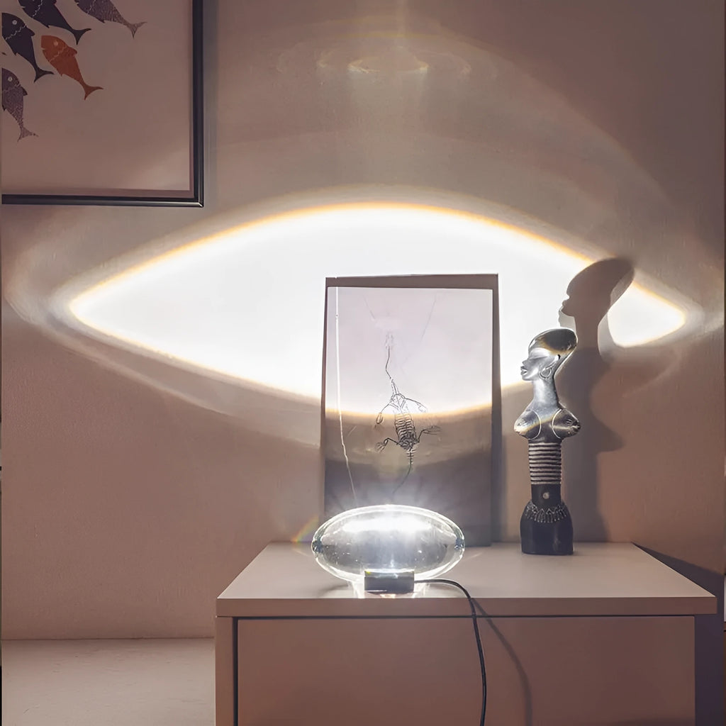 Plug-in projection lamp with crystal shade, warm LED light, 160x90mm, on tabletop