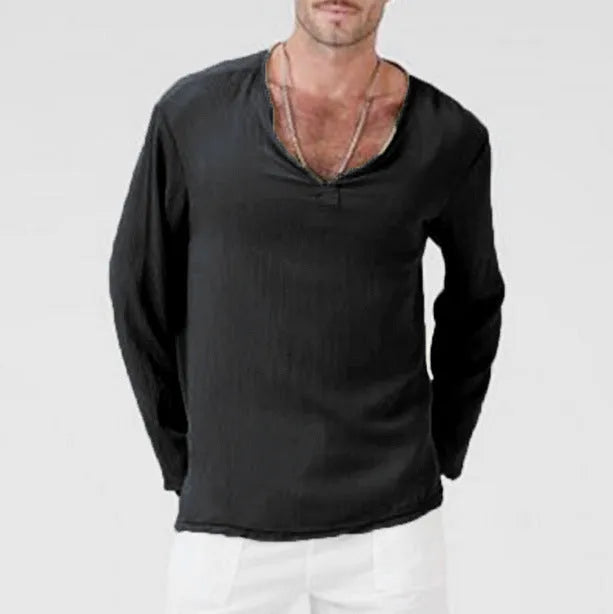 Men's cotton and linen ethnic style V-neck long sleeve T-shirt in khaki, front view